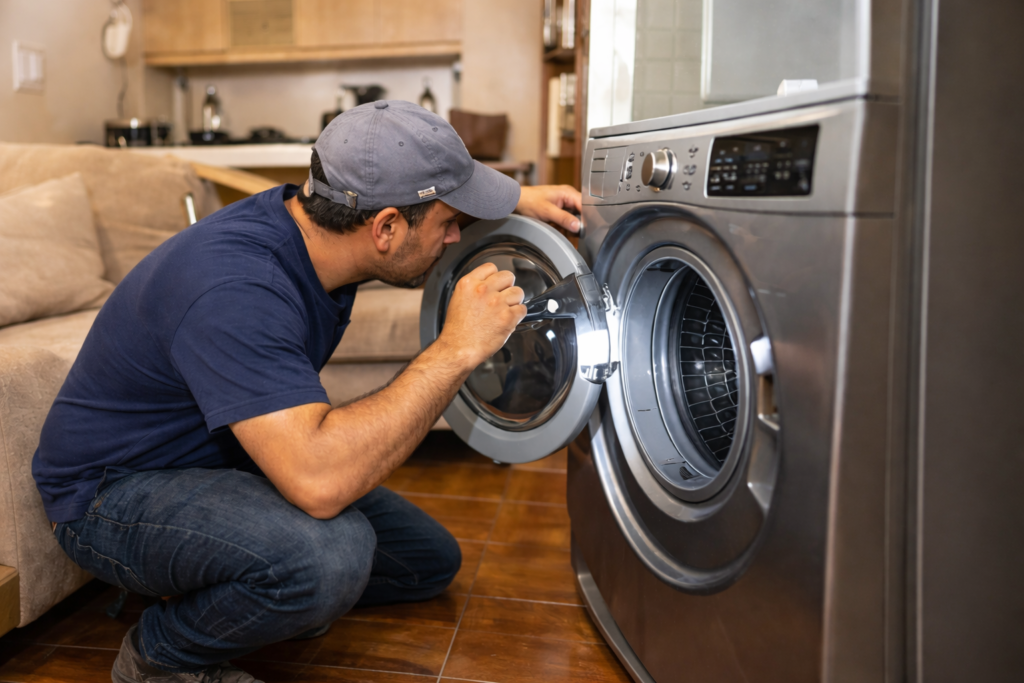 used appliance buyers abu dhabi inspecting washing machine condition