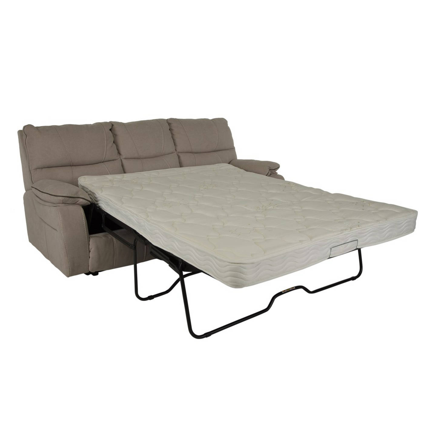 Modern beige plush fabric 3-seater sofa cum bed with extended pull-out mattress mechanism