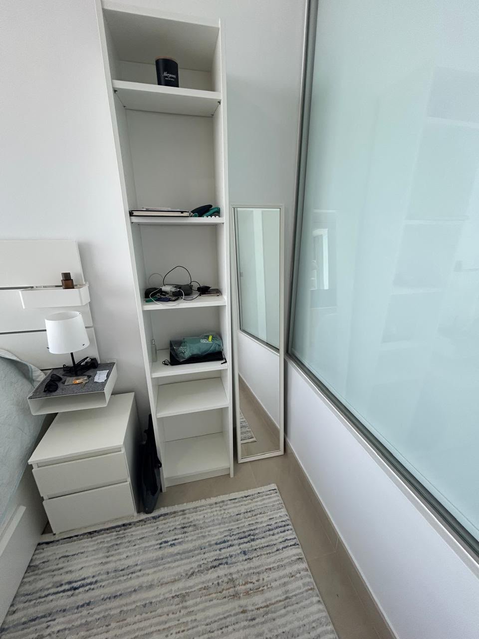 Used bed frame and mattress with modern side tables
