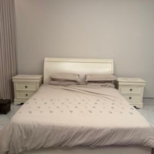 Clean cream white used bedroom set with two bedside tables for sale on FurnitureBuyersAd Abu Dhabi