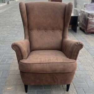 Brown suede wingback used armchair 1