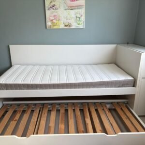 Flaxa White Single Bed with Pull-Out Trundle & Headboard Storage Unit | Used Furniture Abu Dhabi