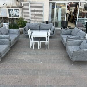Modern grey fabric used sofa set in Abu Dhabi with chrome legs displayed