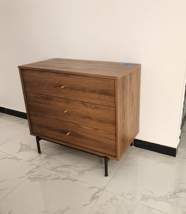Modern walnut wooden 3 drawer chest of drawers with gold cylinder handles