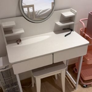 Modern white wooden used dressing table set with circular LED mirror and matching stool in Abu Dhabi