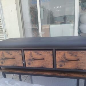 Industrial Rustic Storage Bench with Black Padded Cushion & 3 Drawers