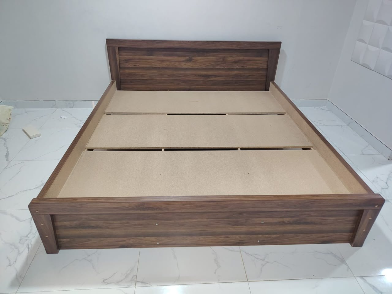 Modern dark walnut king size wooden bed frame 180x200 cm with comfortable mattress at Fairy of Fortune Used Furniture Abu Dhabi