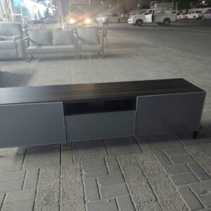 Modern Grey 3-Door TV Console Unit with Dark Wooden Top