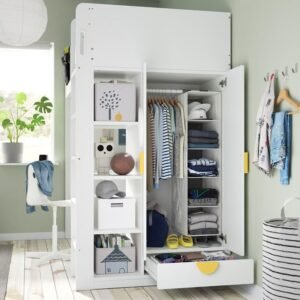 Modern White Loft Bed Frame with Built-In Wardrobe and Storage Shelves