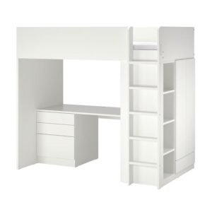 Modern White Loft Bed Frame with Built-In Wardrobe and Storage Shelves