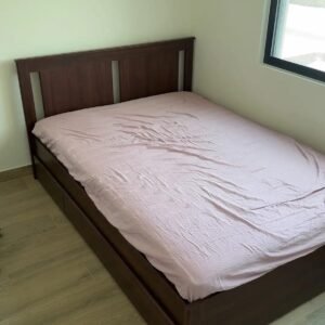 Dark walnut queen wooden storage bed frame 160x200 cm with under-bed storage drawers, slatted mattress base, mattress, and matching bedside nightstands at Fairy of Fortune Used Furniture Abu Dhabi
