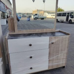 Light Oak & White Wooden Dressing Table with Mirror, 3 Drawers & Side Cabinet