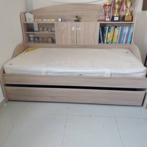 Light Oak Single Bed Frame with Headboard Shelving, Cabinet & Trundle Drawer
