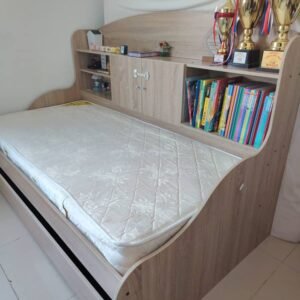 Light Oak Single Bed Frame with Headboard Shelving, Cabinet & Trundle Drawer