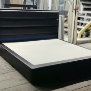 Modern black faux leather super king bed frame 200x200 cm with padded horizontal channeled headboard and mattress