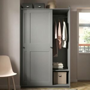 Modern grey 2-door sliding wardrobe next to an open hanging rod section with 3 built-in storage drawers