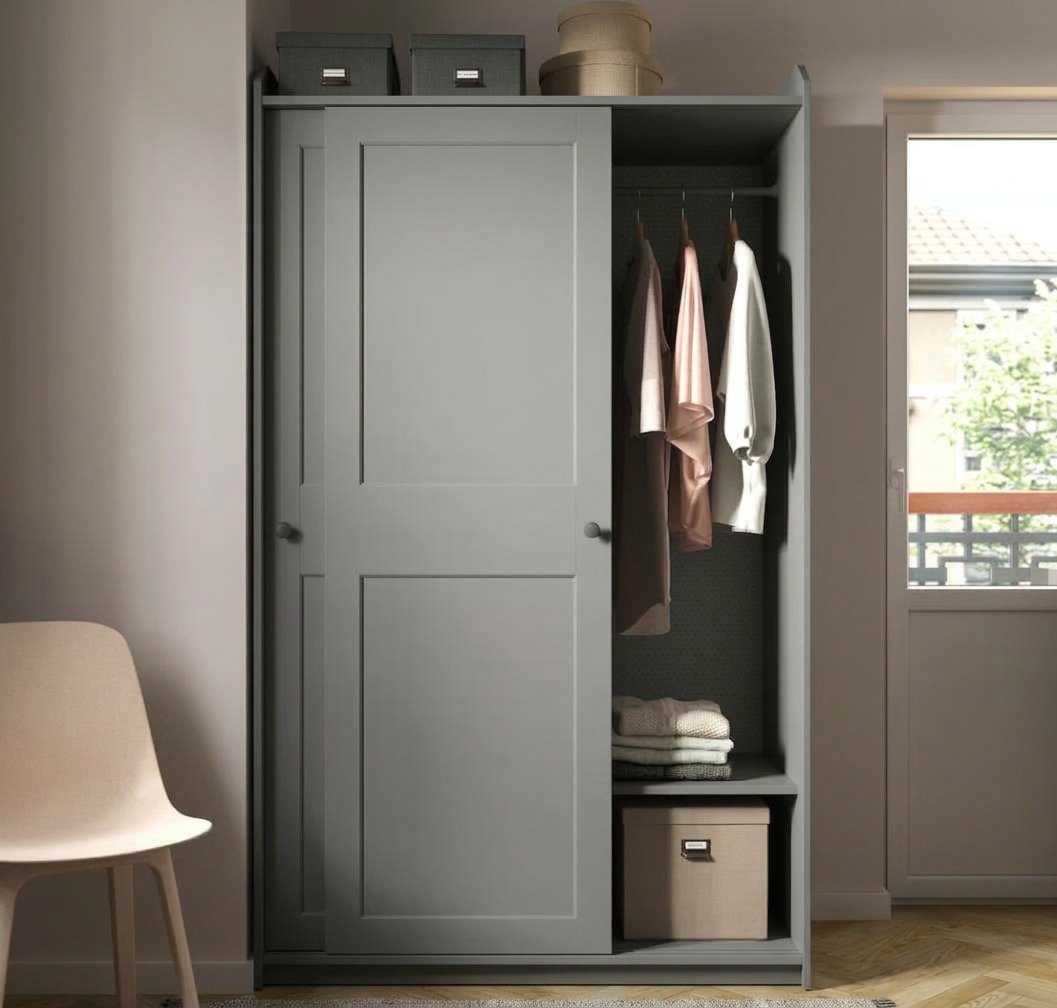Modern grey 2-door sliding wardrobe next to an open hanging rod section with 3 built-in storage drawers