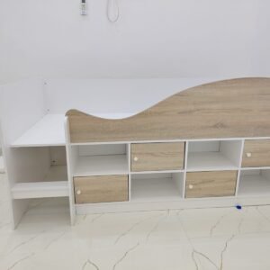 Modern white and light oak single cabin bed frame with built-in under-bed storage drawers, open display shelves, and side compartment at Fairy of Fortune Used Furniture Abu Dhabi